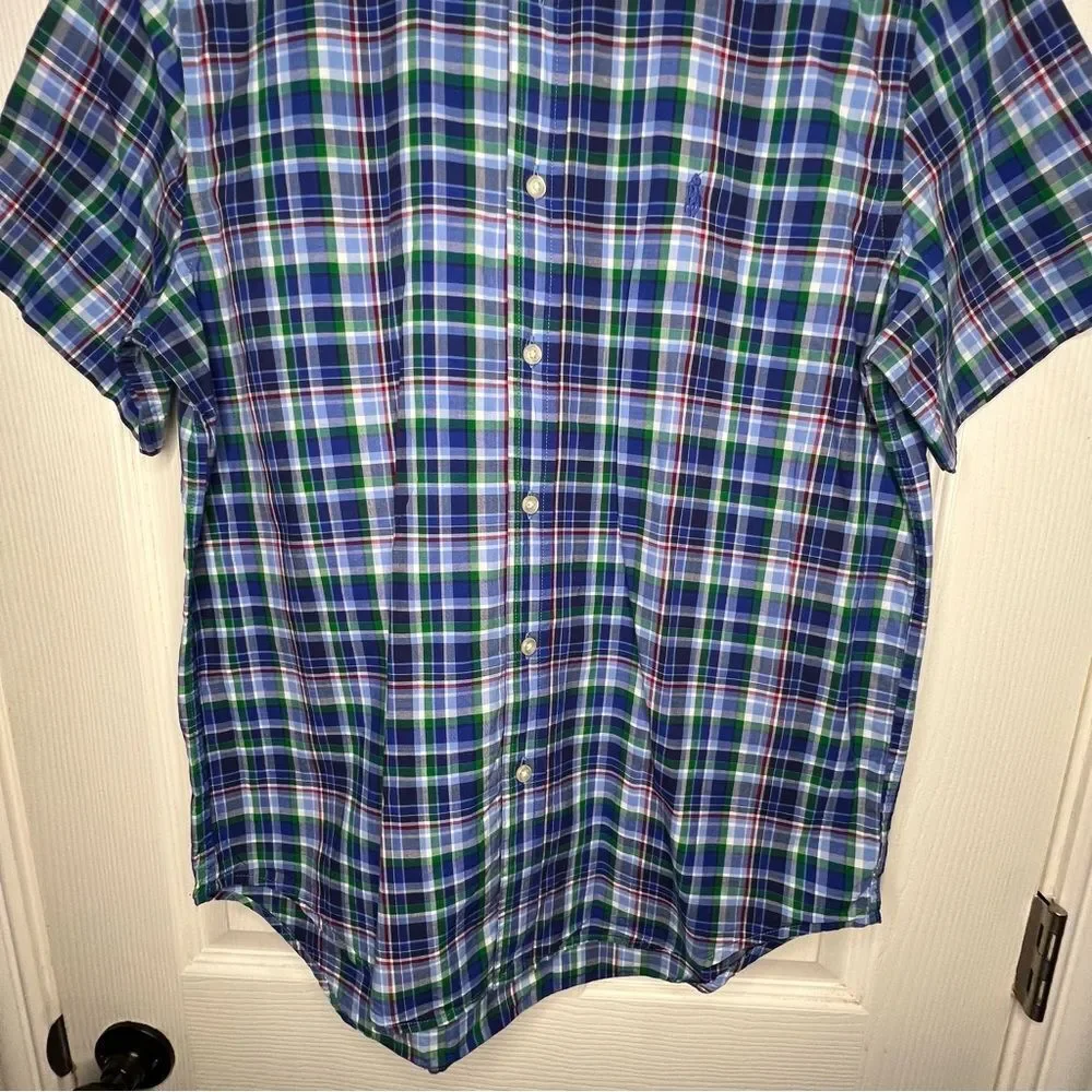 Ralph Lauren Button Down Short Sleeve Blue Plaid Boys Preppy Casual Shirt Sz XL